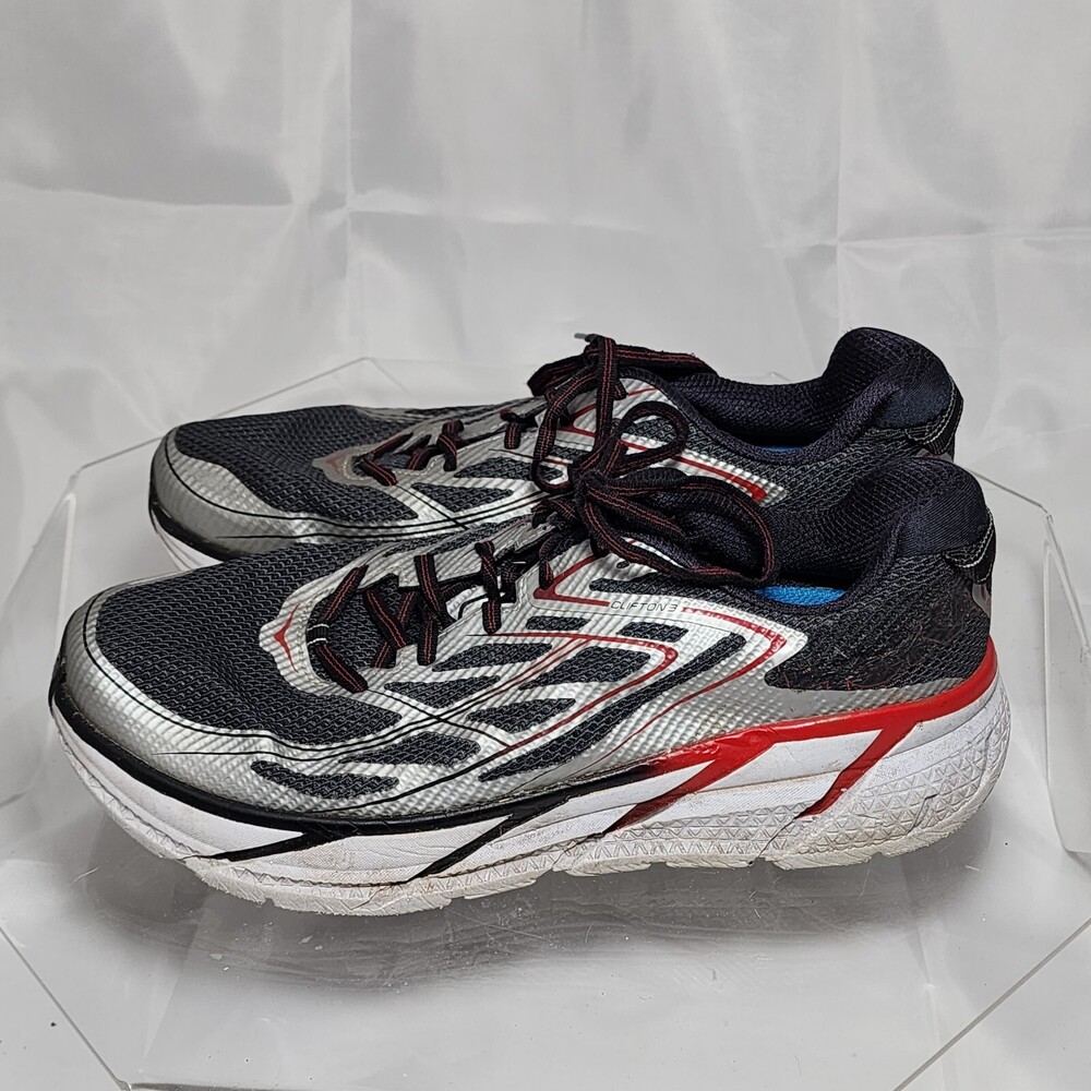 Hoka One One Clifton 3 Men 10 Road Running Shoes/Sneakers Black/Grey/Red Used